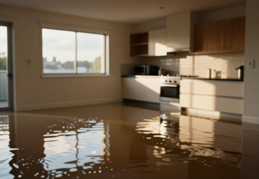 Flooded commercial kitchen in North Bondi before restoration